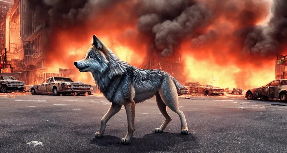 Image similar to A beautiful hyper realistic ultra detailed lifelike matte painting of a scruffy grey Timber Wolf standing in the middle of a destroyed New York City street with cars and buildings engulfed in flames on fire, unreal engine, deviantart, flickr, artstation, octane render, dimly lit, textured, colorful, extreme realistic detail, physically based rendering, pbr render, very detailed, volumetric lighting, detailed lighting, octane render, 4k, cinematic lighting, 8k resolution