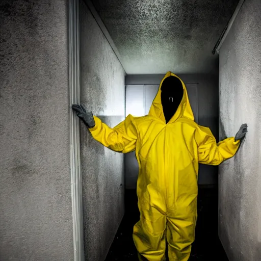 Image similar to a man wearing a yellow hazmat suit inside the very dark lighting empty unsettling creepy backrooms, liminal space, eerie mood, horror movie scene