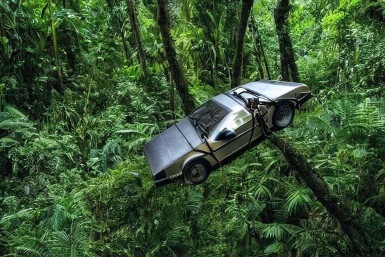 Prompt: movie scene where marty is flying the delorean trough a jungle of lush green trees