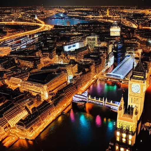 Image similar to Cyberpunk city, Big Ben, the Westminster, River Thames, flying aircrafts, neon