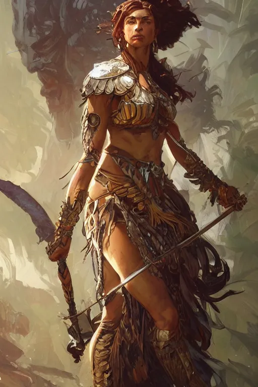 Image similar to an Amazon warrior, D&D, fantasy, intricate, highly detailed, digital painting, artstation, concept art, smooth, sharp focus, illustration, art by artgerm and greg rutkowski and alphonse mucha