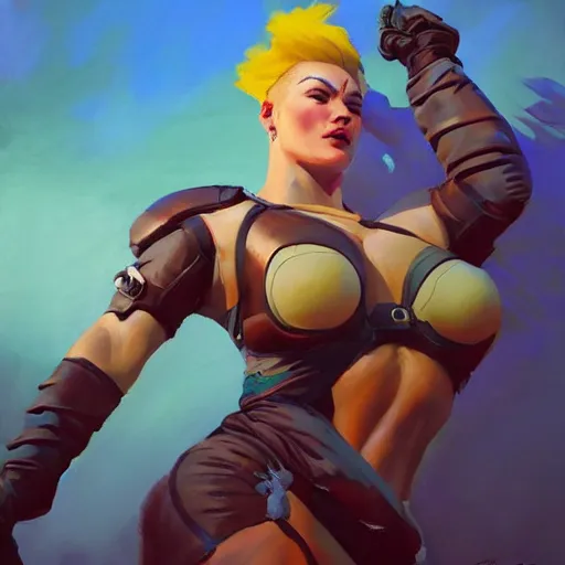 Image similar to greg manchess portrait of zarya from overwatch in disco elysium, fantasy, medium shot, asymmetrical, profile picture, organic painting, sunny day, matte painting, bold shapes, hard edges, street art, trending on artstation, by huang guangjian and gil elvgren and sachin teng