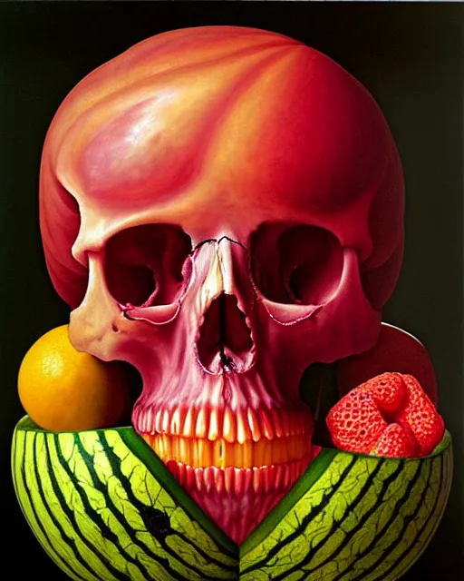 Image similar to interdimensional human watermelon skull being made out of fruits, ethereal still life renaissance painting by giuseppe arcimboldo and alex grey