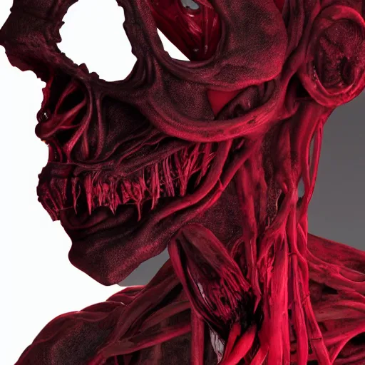 Image similar to octane render of a body horror humanoid, sharp dark shadows, black and red color palette by trevor henderson and junji ito