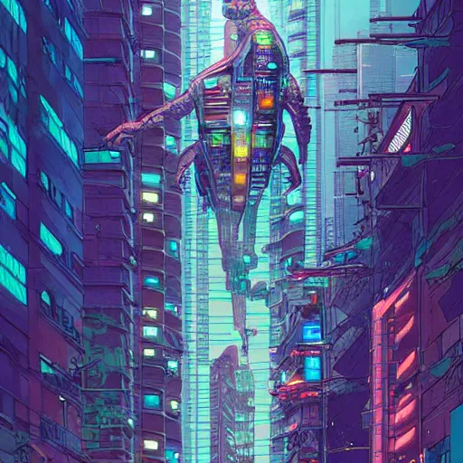 Image similar to Long shot of cyberpunk turtle cyborg on the street of a cyberpunk city, view from bottom to top, 150 mm lens, art by Josan Gonzalez, sci-fi, highly detailed, digital painting, artstation, smooth, sharp focus, illustration, concept art by Josan Gonzalez and James Gurney and Mœbius