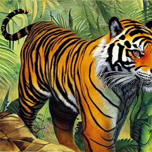 Image similar to a hybrid animal that is half tiger and half crocodile in a futuristic city scape on the edge of the jungle, rule of thirds, painting style of hugo pratt