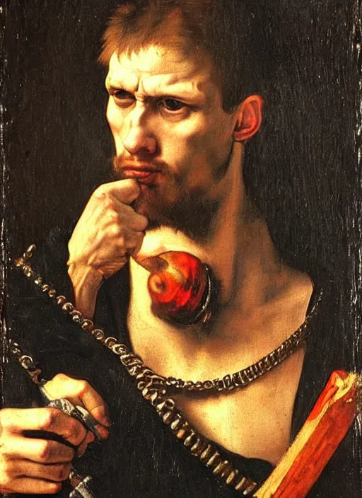 Image similar to a street punk in prehistoric era in the style of a renaissance painting, insane detail, chiaroscuro oil painting, jan matejko, caravaggio, jan van eyck, trending on artstation, artgerm