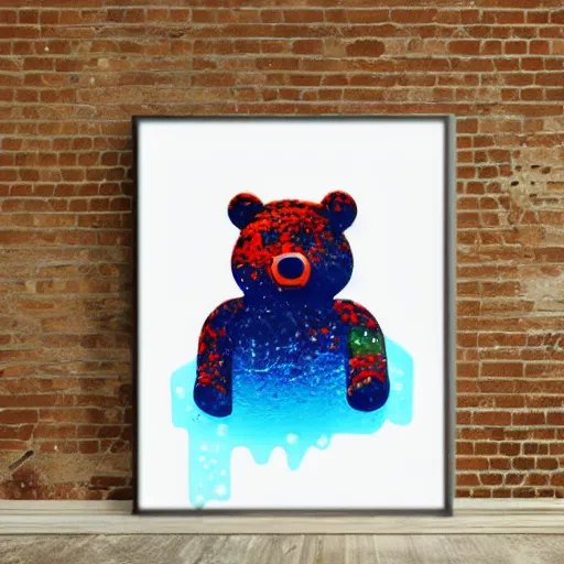 Image similar to a a bearbrick, covered by Acrylic fluid artistic effect, abstract, sparkling