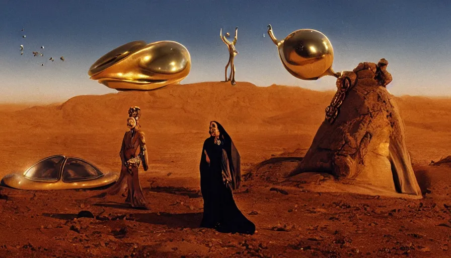 Image similar to salvador dali and bene gesserit in full - face golden glowing mask in a black rocky desert landscape with alien abandoned city beneath the sand and giant alien spaceship in the sky attacks the earth by christopher doyle and alejandro jodorowsky, anamorphic lens, kodakchrome, cinematic composition, very detailed photo, 8 k,