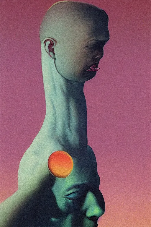 Image similar to a scifi closeup portrait of a young british man licking a blotter paper of LSD acid on his tongue and dreaming psychedelic hallucinations in cosmos, by kawase hasui, moebius, Edward Hopper and James Gilleard, Zdzislaw Beksinski, Steven Outram colorful flat surreal design, hd, 8k, artstation