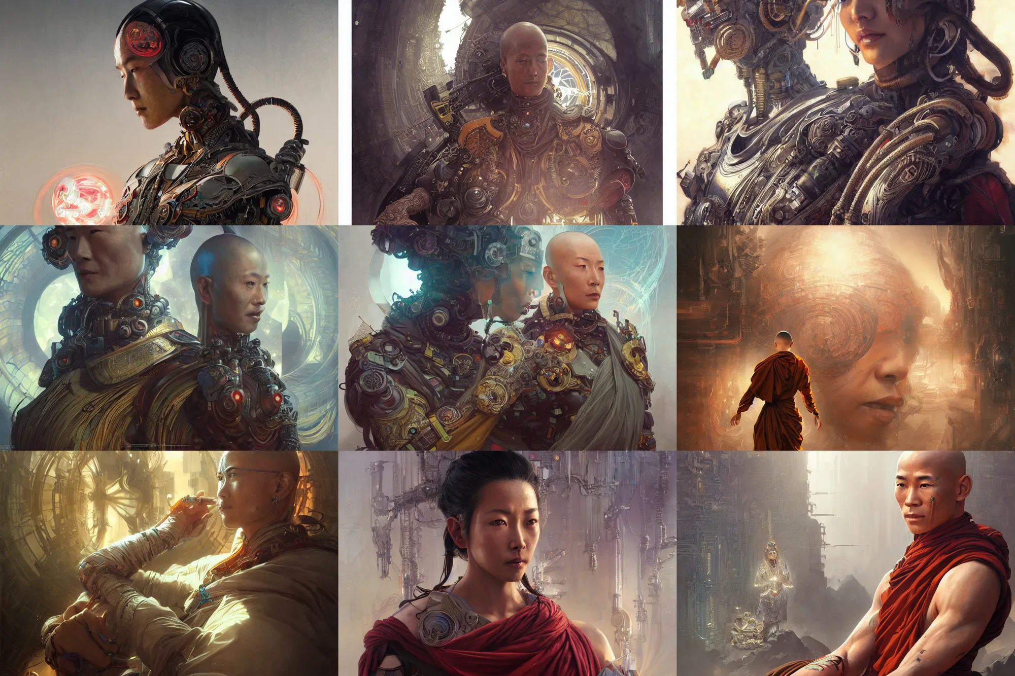 Image similar to Ultra realistic illustration, Cyborg Tibetan monk, cyberpunk, sci-fi, fantasy, intricate, elegant, highly detailed, digital painting, artstation, concept art, smooth, sharp focus, illustration, art by artgerm and greg rutkowski and alphonse mucha