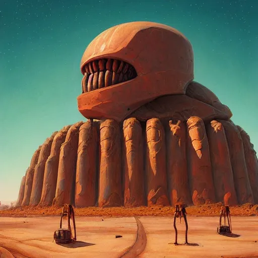 Image similar to beautiful painting of ancient colossal heads towering over wanderers in a desert of salt in the style of Simon Stålenhag and H. R. Giger, detailed, trending on Artstation