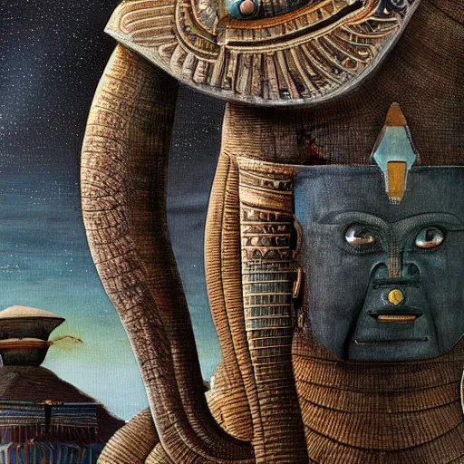 Image similar to the annunaki returned to egypt wearing space suits with egyptian pharaoh head - dresses and breathing hoses that look like elephant trunks - photo, close - up, alien - looking, cyborg, detailed, photo - realism