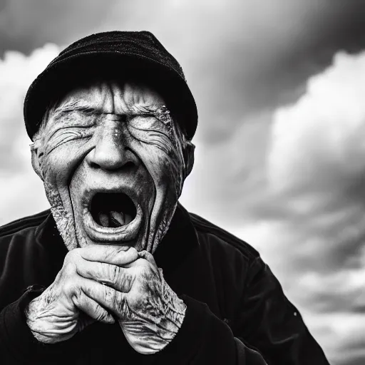 Prompt: portrait of an elderly man screaming at a cloud, ☁, canon eos r 3, f / 1. 4, iso 2 0 0, 1 / 1 6 0 s, 8 k, raw, unedited, symmetrical balance, wide angle