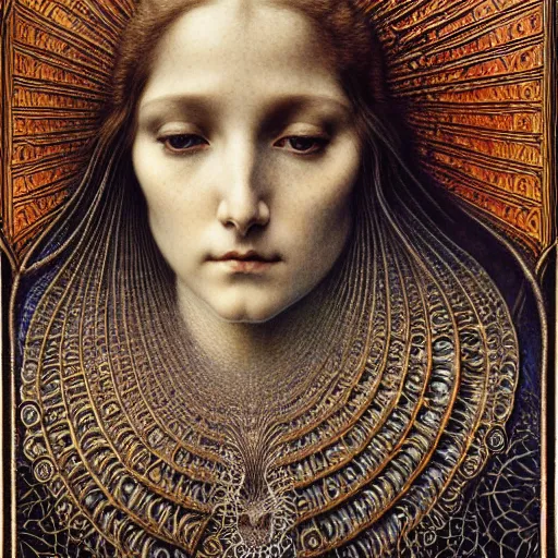 Image similar to detailed realistic beautiful young medieval queen face portrait by jean delville, gustave dore and marco mazzoni, art nouveau, symbolist, visionary, gothic, pre - raphaelite, art forms of nature by ernst haeckel, memento mori by zdzisław beksinski, horizontal symmetry