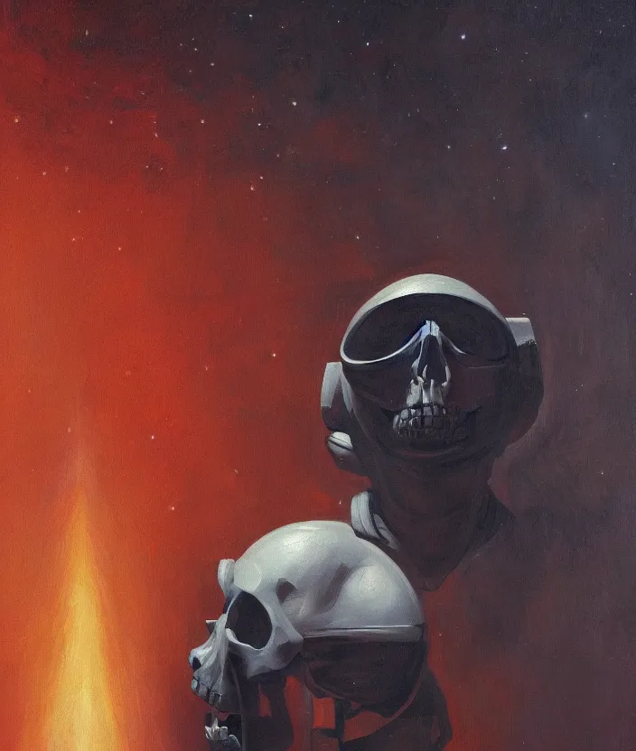 Prompt: a portrait of an astronaut with a skull head standing in front of the entrance to ethereal realm, cinematic and highly detailed oil painting by josep tapiro baro and edward hopper, trending on artstation, oil painting masterpiece, symmetry, mysterious, very aesthetic, cinematic and dramatic red light, 4 k,