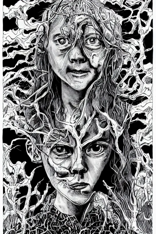 Image similar to greta thunberg evil, horror, dastardly, black and white, art by junji ito, trending on artstation, insanely detailed and intricate, hypermaximalist, elegant