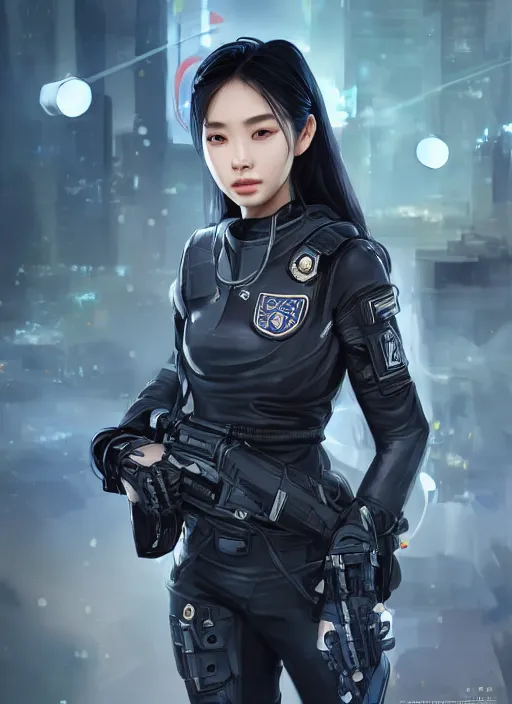 Image similar to portrait of angelababy, futuristic hong kong police uniform girl, au naturel, hyper detailed, digital art, trending in artstation, cinematic lighting, studio quality, smooth render, unreal engine 5 rendered, octane rendered, art style by klimt and nixeu and ian sprigger and wlop and krenz cushart