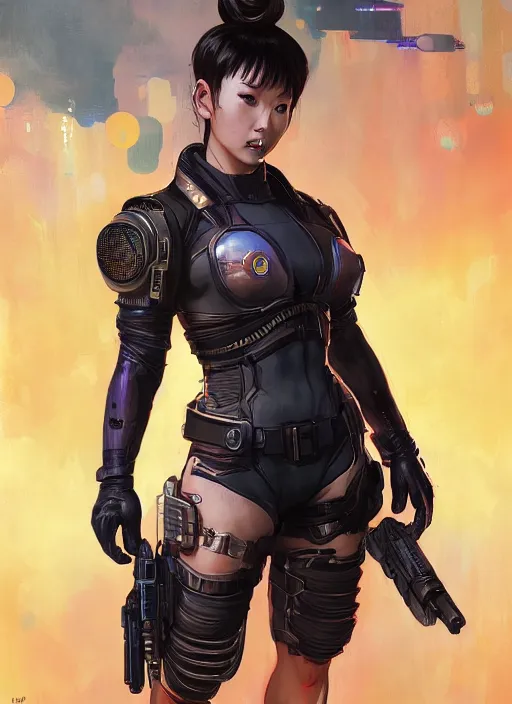 Prompt: Chun Li in tactical gear. Cyberpunk assassin in tactical gear. blade runner 2049 concept painting. Epic painting by James Gurney, and Alphonso Mucha. ArtstationHQ. painting with Vivid color. (Apex Legends, Overwatch, Fortninte, rb6s, Cyberpunk 2077)