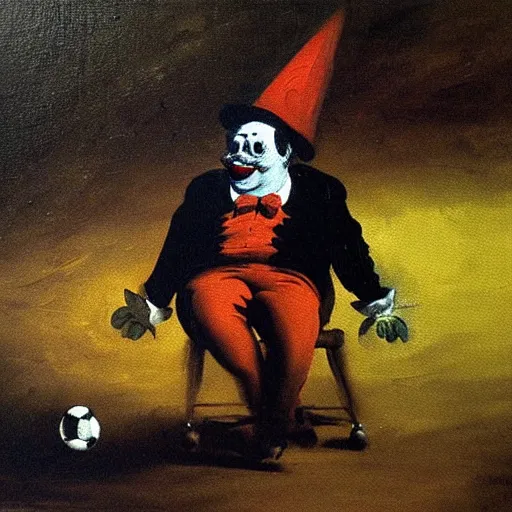 Prompt: an oil painting of a clown watching soccer, goya, dark,