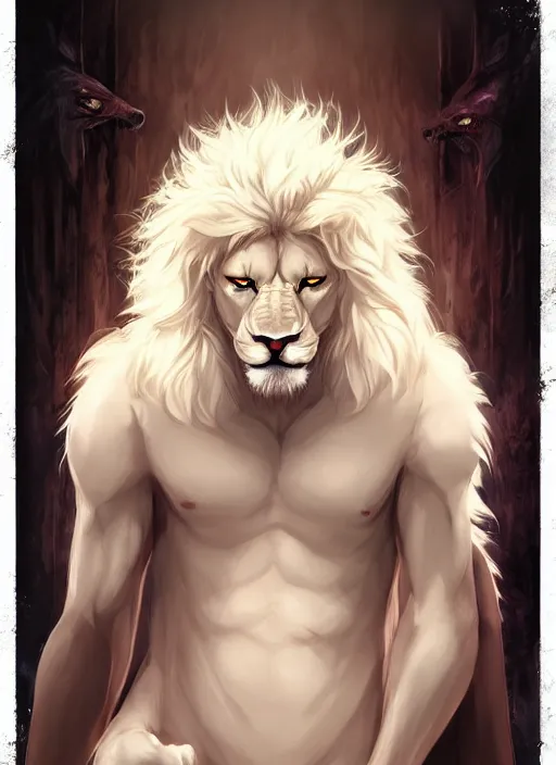 Image similar to aesthetic portrait commission of a of a male fully furry muscular anthro albino lion blindfolded in an asylumn horror art. Character design by charlie bowater, ross tran, artgerm, and makoto shinkai, detailed, inked, western comic book art, award winning film poster painting