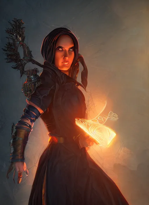 Prompt: A fantasy comic book style portrait painting of a stunning female as a Sorcerer in a atmospheric dark fortress, unreal 5, DAZ, hyperrealistic, octane render, RPG portrait, ambient light, dynamic lighting