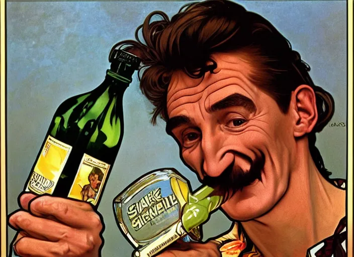 Image similar to barry chuckle drinking a bottle of snake oil, snake oil advertisement from 1 9 8 8, artwork by alphonse mucha and richard corben, 3 d, high resolution 8 k