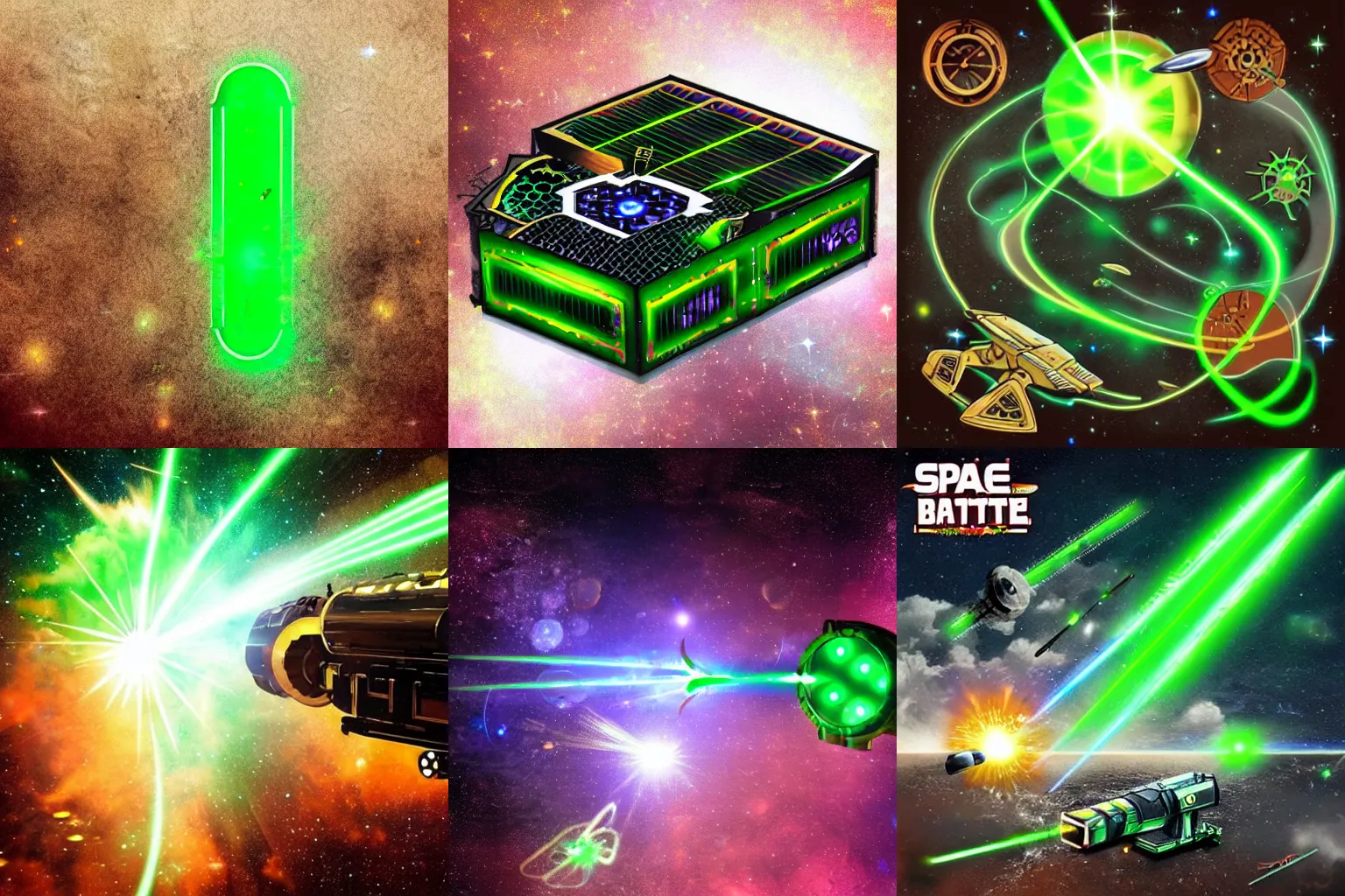 Prompt: space battle, huge green laser, steampunk