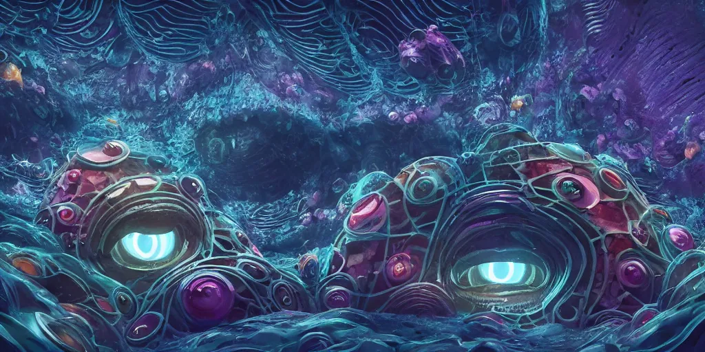 Image similar to of an intricate deep sea with strange cute friendly happy creatures with huge eyes, long tongue, round teeth and goofy funny face, appearing from the background, in the style of gehry and gaudi, macro lens, shallow depth of field, ultra detailed, digital painting, trending artstation, concept art, illustration, cinematic lighting, photorealism, epic, octane render