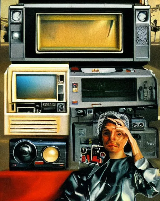 Image similar to a chrome face observing 8 0 s era technology, vintage shapes, retro technology, vintage color, wayne barlow, oil on canvas, deep depth of field, masterpiece, cinematic composition, hyperdetailed