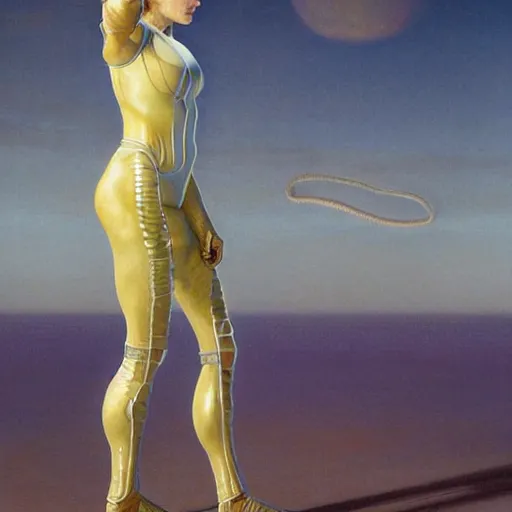 Prompt: masterpiece full body portrait of Ripley with a perfect body, translucent plastic suit, on Dune, by Edgar Maxence and Ross Tran and Michael Whelan and Gustav Klimpt