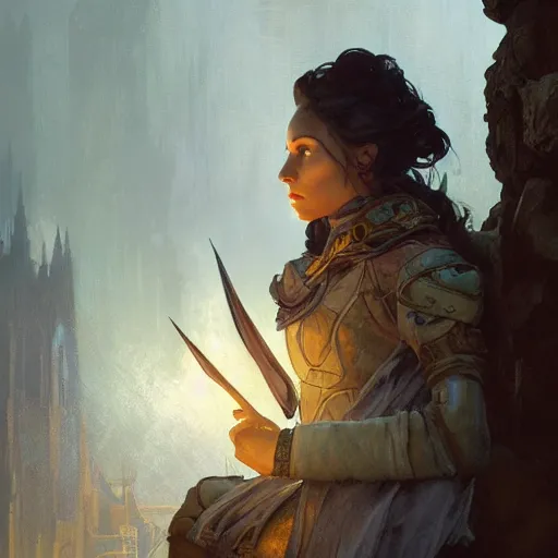 Prompt: portrait of an artificer, dungeons and dragons character, dramatic lighting, castle background, gorgeous view, realistic, high detail, digital art, painted by greg rutkowski, painted by jeremy mann, painted by alphonse mucha, trending on artstation