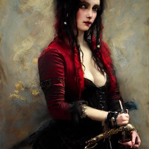 Prompt: Solomon Joseph Solomon and Richard Schmid and Jeremy Lipking victorian genre painting portrait painting of a young beautiful woman punk rock goth girl pirate wench in fantasy costume, red background