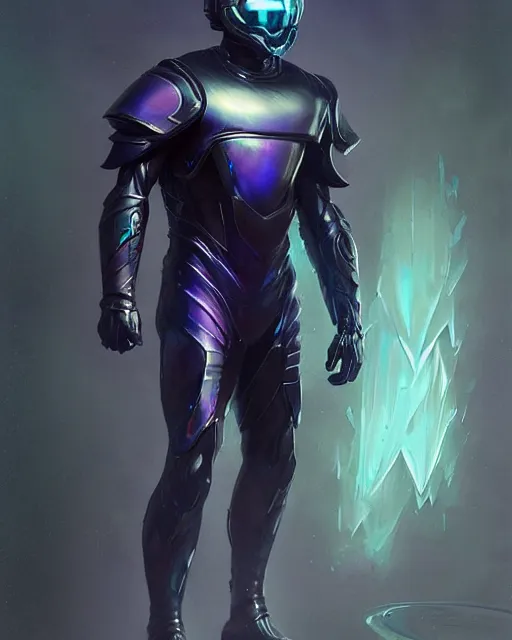 Image similar to character concept of iridescent sinewy smooth muscular male sleek glossy indigo black pearlescent scifi armor with smooth flowing black featureless helmet, by greg rutkowski, mark brookes, jim burns, tom bagshaw, magali villeneuve, trending on artstation