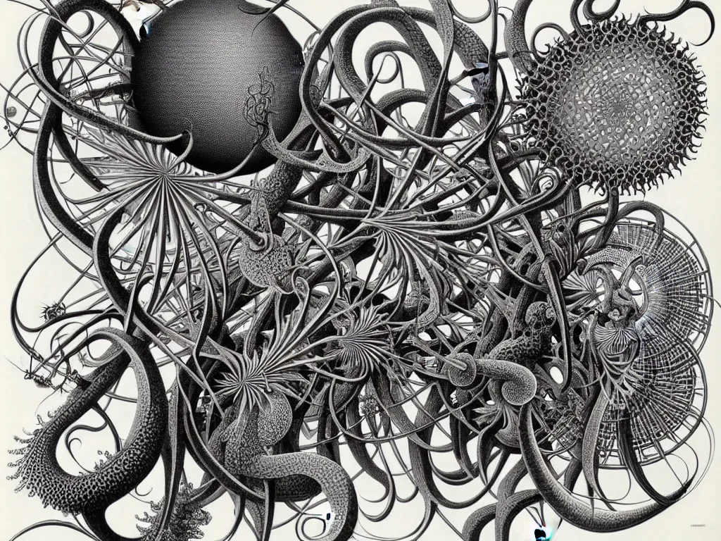 Prompt: neo surrealism, art by ernst haeckel and daniel martin diaz and mc escher