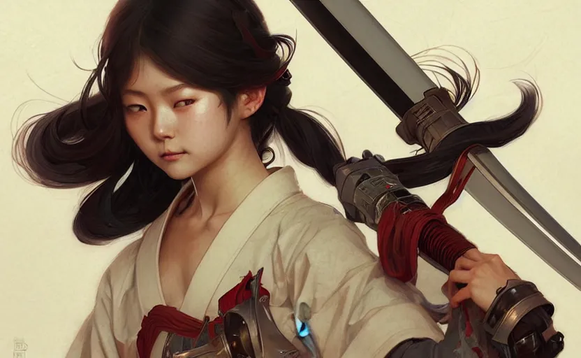 Image similar to Japanese shool girl holding a katana, sci-fi, highly detailed, digital painting, artstation, concept art, smooth, sharp focus, illustration, art by artgerm and greg rutkowski and alphonse mucha