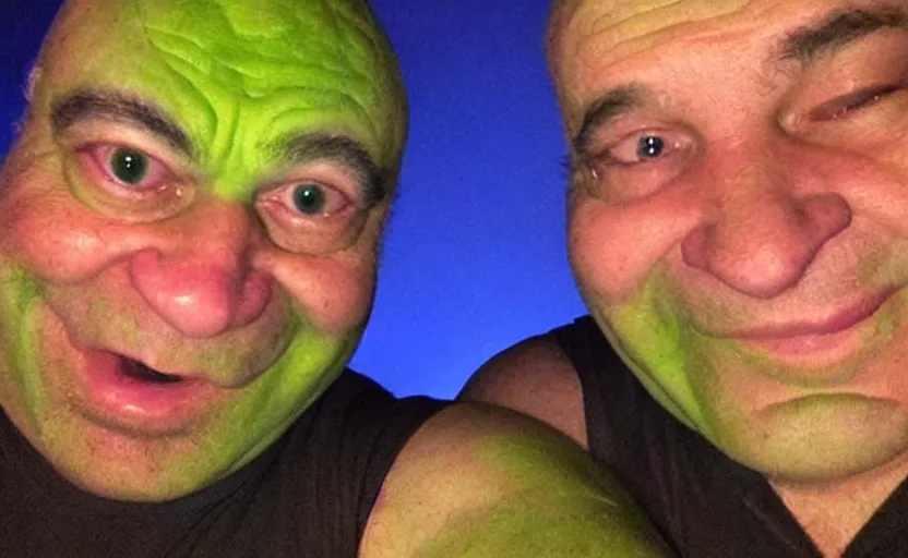 Image similar to my uncle that look like shrek if he was real accidentally taking a selfie, front camera, camera flash is so bright in his face, viral, selfie, viral on twitter, viral on instagram, viral photo