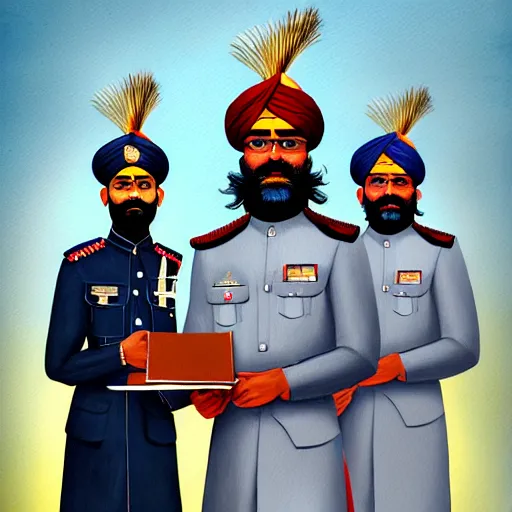 Prompt: a painting of an indian cop in khakhi uniform, an indian man in formal wear and a rugged indian bearded man standing on top of a book, detailed digital art, hyperrealistic, trending on artstation