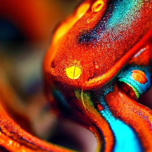 Image similar to fiery whimsical emotional eyes cephalopod, in a photorealistic macro photograph with shallow dof