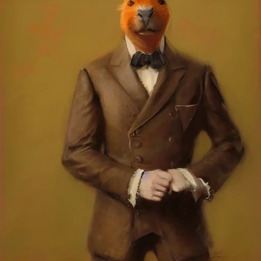 Prompt: portrait of a proud capybara dressed as a gentleman, artwork by gaston bussiere, craig mullins, trending on artstation, capybara wearing a gentleman's uniform