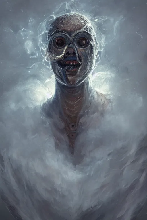 Image similar to Haunting horrifying detailed painting of a man made of cloudy smoke, golden teeth and glowing lens flare eyes, hyper detailed, trending on Artstation