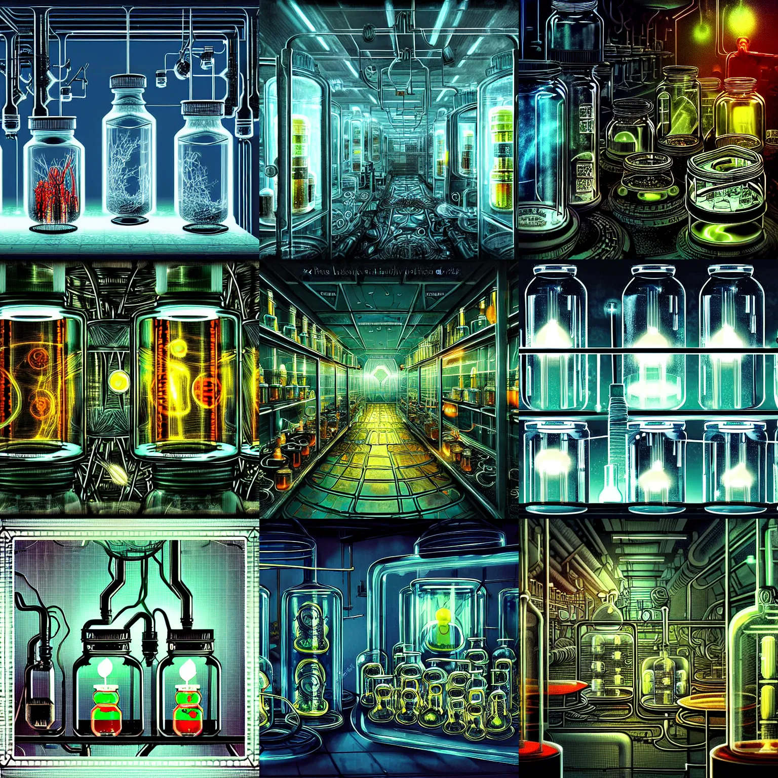 Prompt: biopunk soviet laboratory with jars with glowing liquid inside professional digital art, intricate details, moody lightning, made by john brown abercromby