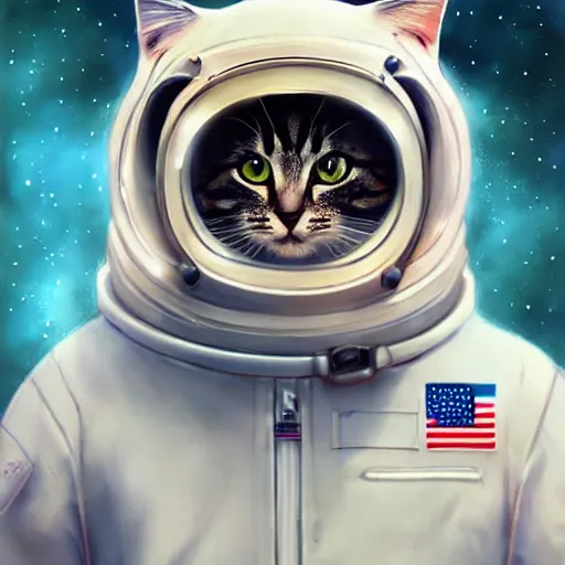 Image similar to head and shoulders masterpiece portrait of a cute adorable cat wearing a spacesuit, surreal background, digital art by krenz cushart, trending on artstation, cgsociety,