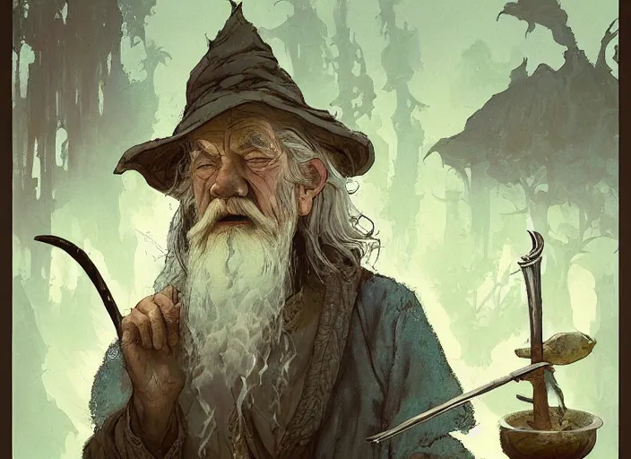 Prompt: portrait of gandalf smoking a joint in bilbo hobbit house - art, by wlop, james jean, victo ngai! muted colors, very detailed, art fantasy by craig mullins, thomas kinkade cfg _ scale 8