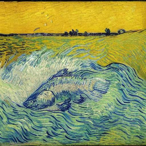 Prompt: salmon jumping out of the river on a sunny day. by van gogh.