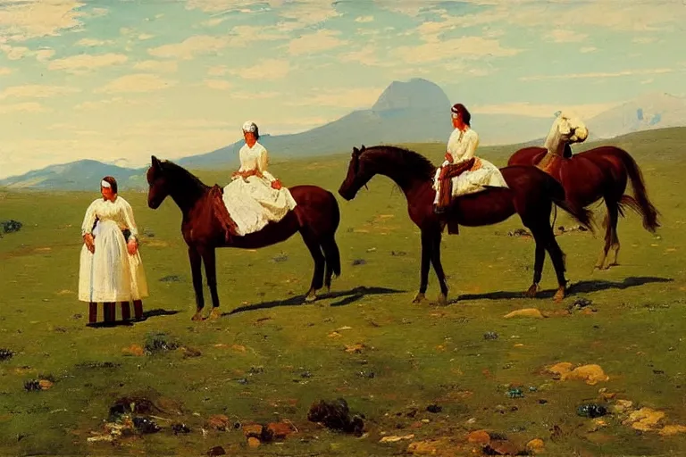 Prompt: scenic mountain meadow with horses and a woman in a long white traditional dress, western oil painting by albert aublet, frederic remington, anna ancher, asher brown durand