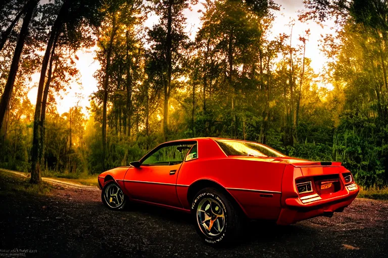 Image similar to pontiac firebird with glowing paint, sunrise, eerie light, fireflies, dog watching the car, dramatic, cinematic, forest, sunbeams, volumetric lighting, wide shot, low angle, lightning storm hitting the car