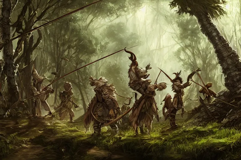 Prompt: dungeons and dragons fantasy painting, mice ranger archers emerge from the forest, longbows, hooded cloaks, whimsical and cute, determined expressions, watery eyes, anime inspired, brown fur, tufty whiskers, feathered arrows, bamboo forest, dawn lighting, by brain froud jessica rossier and greg rutkowski