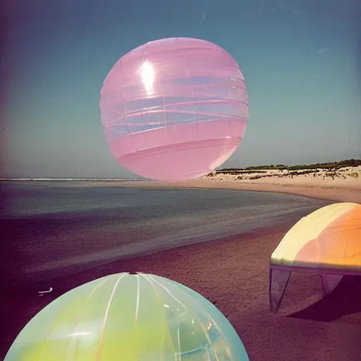 Image similar to a pastel colour high fidelity wide angle Polaroid art photo from a holiday album at a seaside with two inflatable parachute spheres, all objects made of transparent iridescent Perspex and metallic silver, a grid of sun beds iridescence, nostalgic