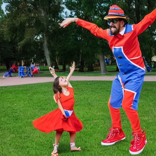 Prompt: photograph of blippi dancing in the park